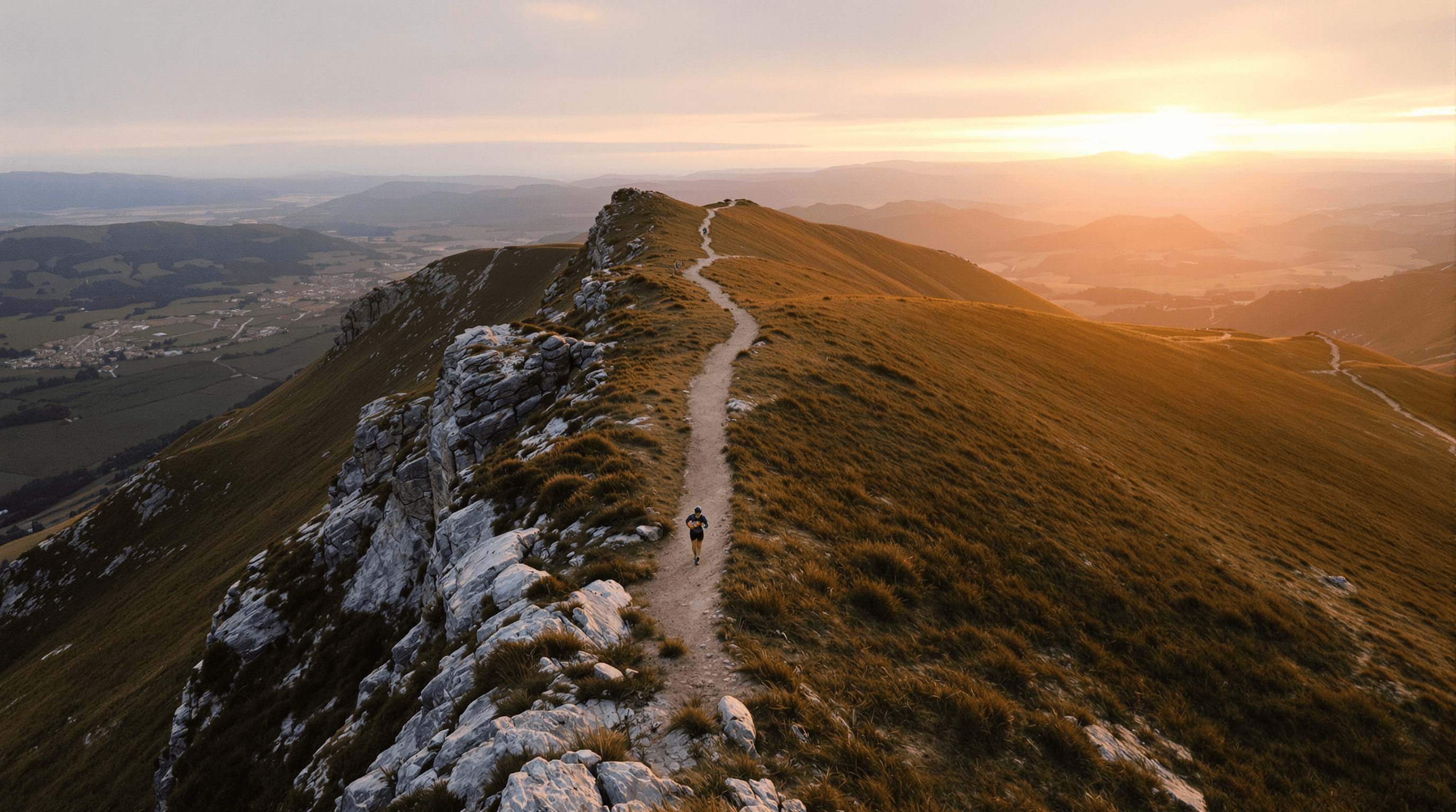 Aerial view of a lone trail runner on a ridgeline at sunset, near Zegama-Aizkorri