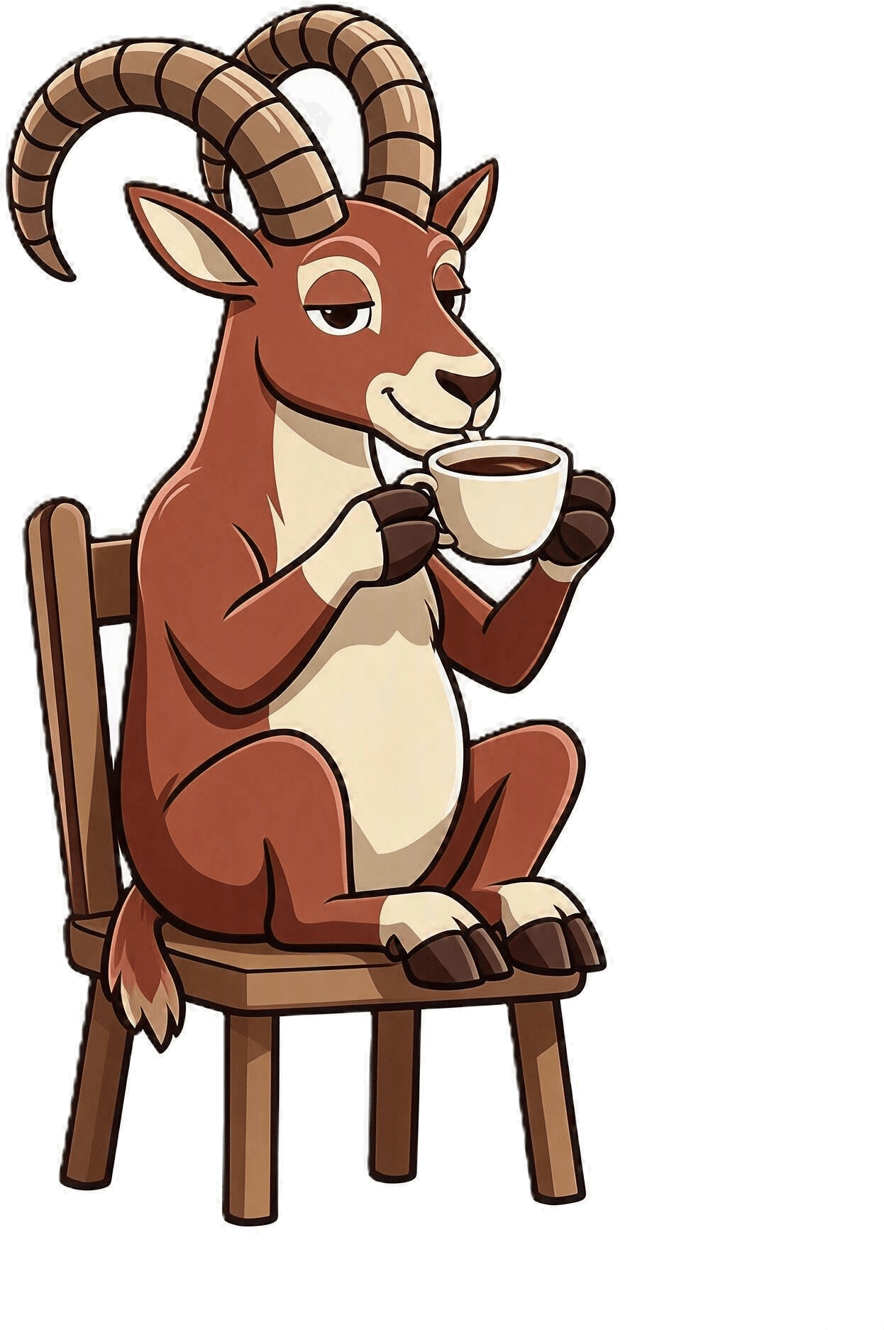 Cabreo's ibex mascot, relaxed, having a coffee